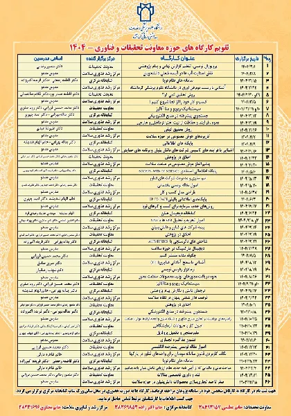 تقویم  کارگاه های حوزه معاونت تحقیقات و فناوری _1404